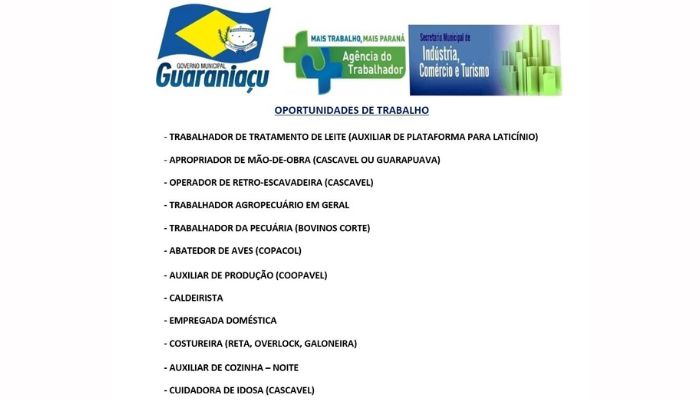 Guaraniaçu - Agência do Trabalhador oferece várias vagas de emprego